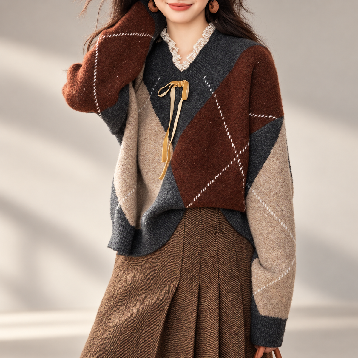 Harriet Women’s Argyle Bow-Neck Knit Sweater