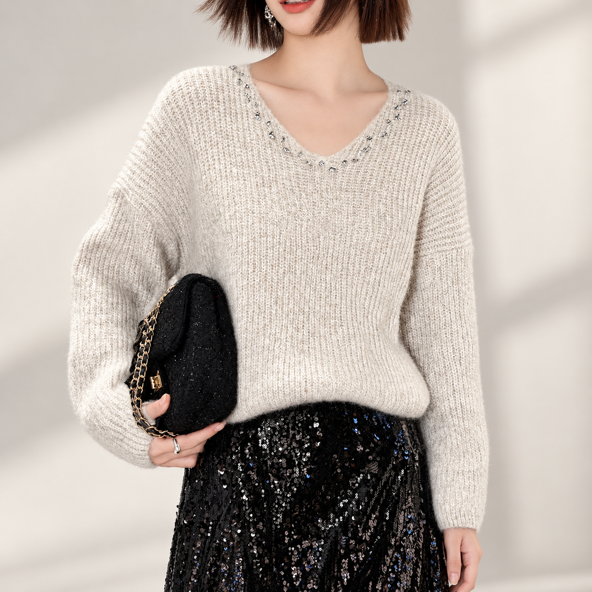 Elodie Crystal-Embellished V-Neck Knit Sweater