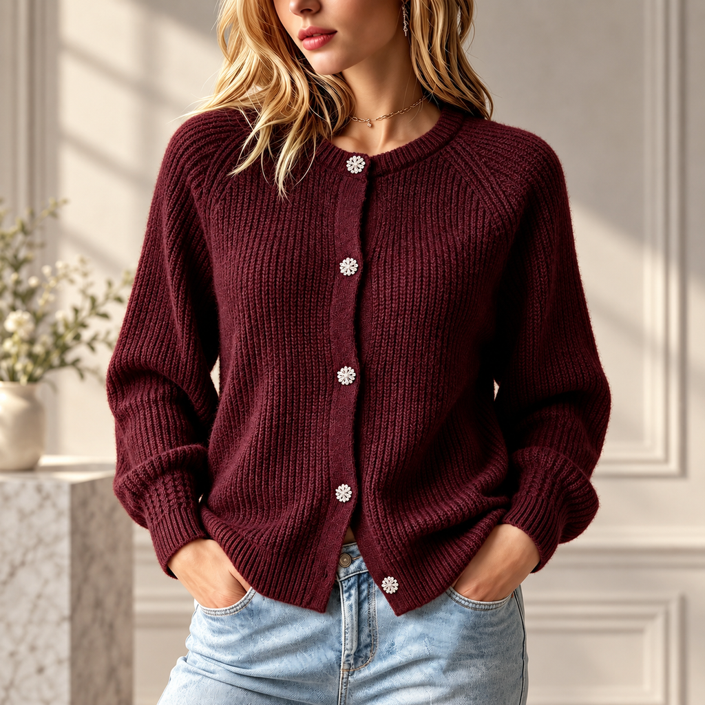 Vivienne Women’s Burgundy Ribbed Knit Cardigan
