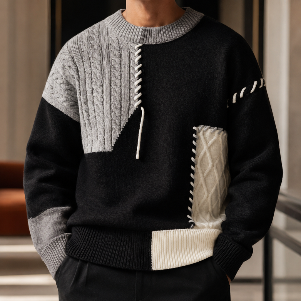 Lucien Men's Patchwork Knit Sweater – Relaxed Textured Crewneck