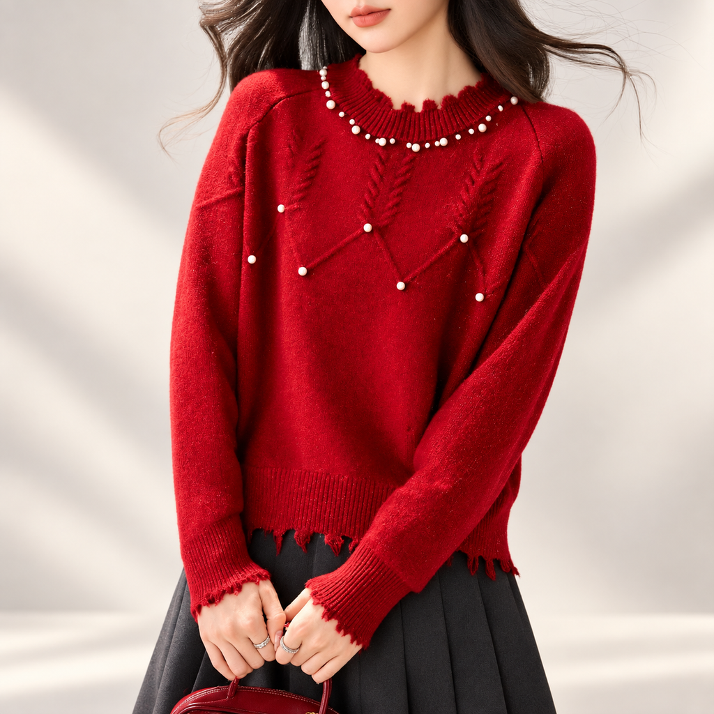 Colette Pearl-Trim Distressed Hem Red Knit Sweater for Women
