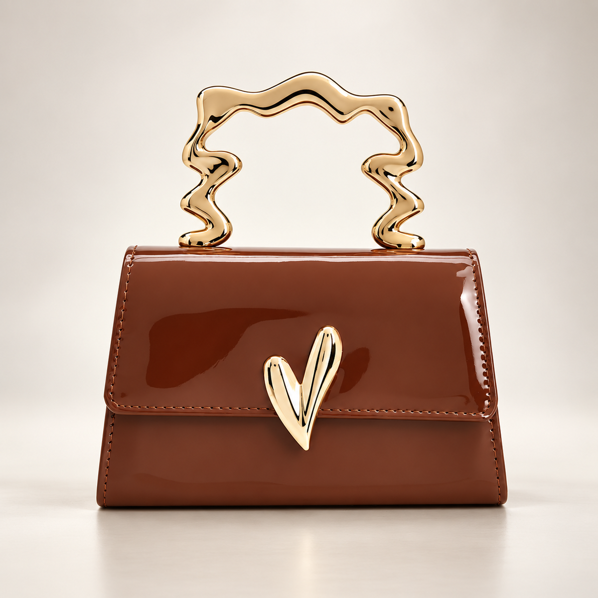 Aurélie Sculptural Handle Glossy Top Handle Handbag with Gold-Tone Hardware