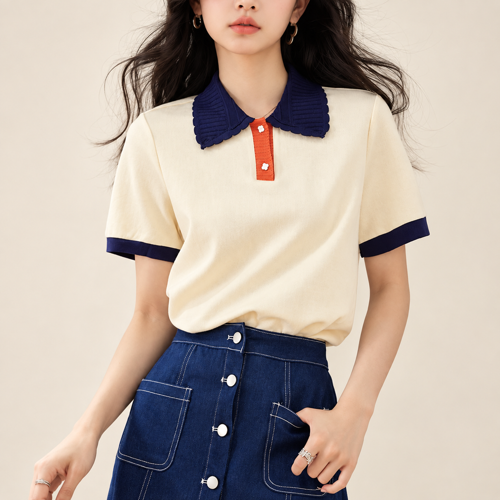 Evelyn Contrast Collar Short-Sleeve Knit Top