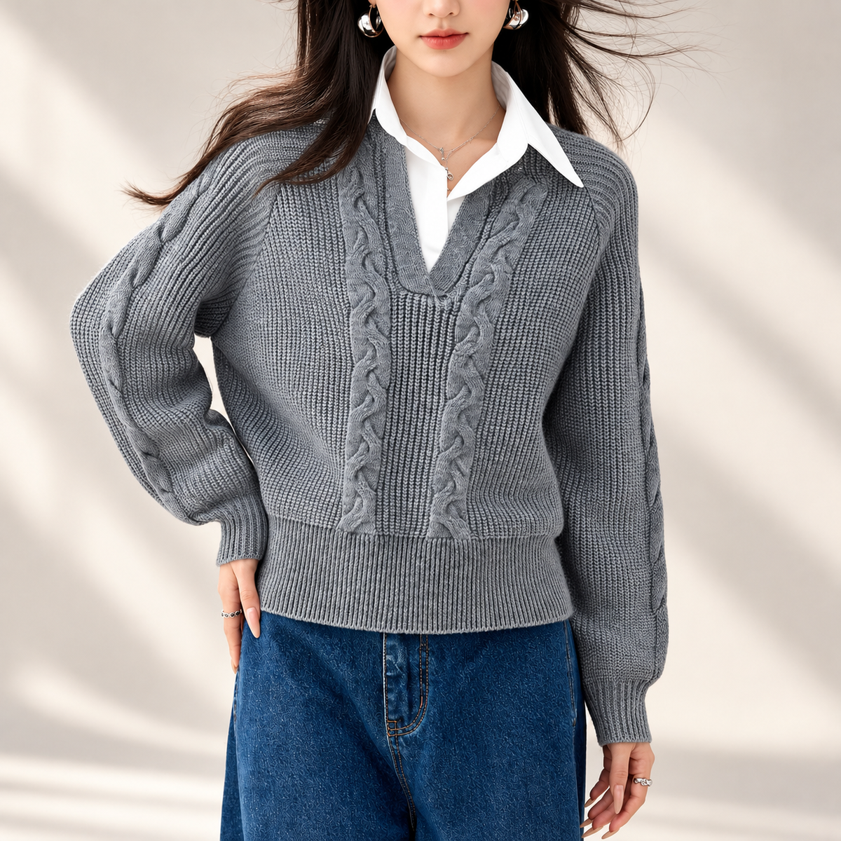 Camille Women’s Gray Cable-Knit Layered Collar Sweater