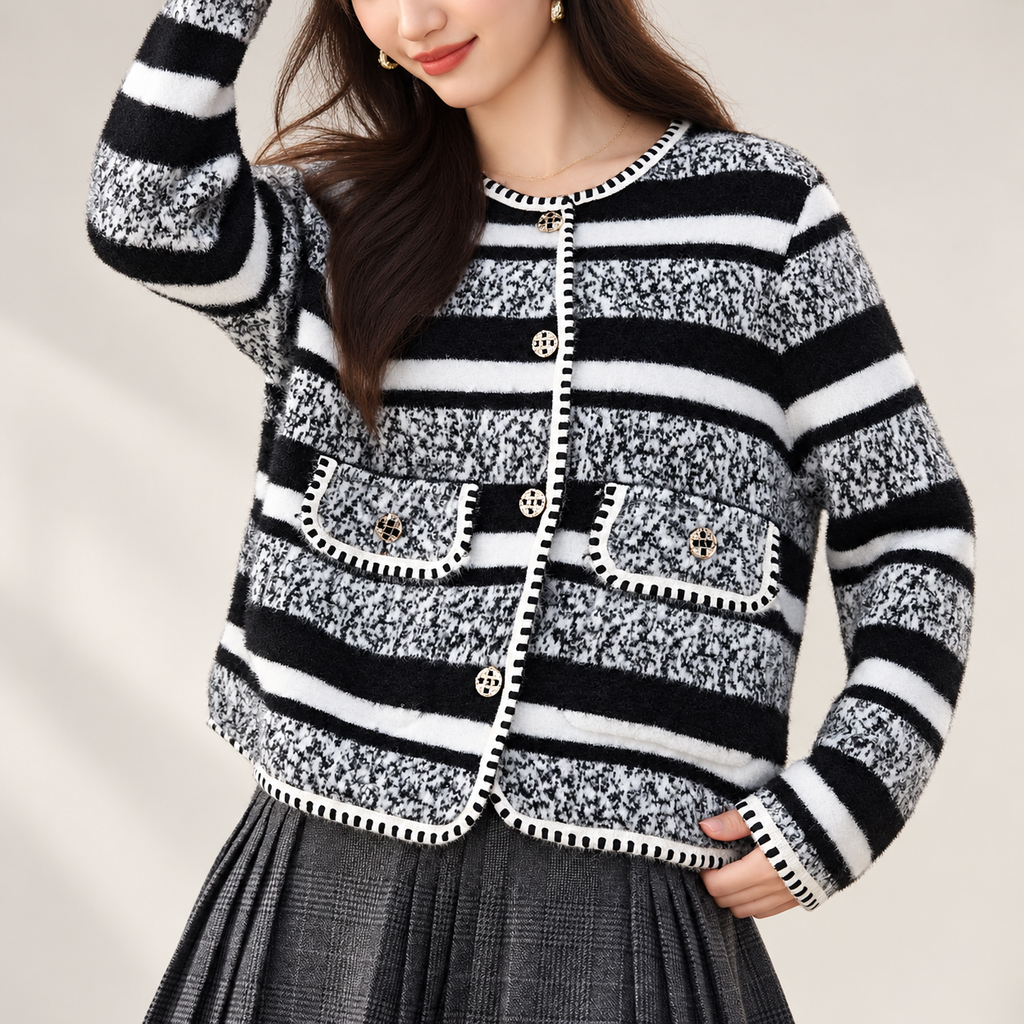 Camille Black & White Striped Knit Cardigan with Gold-Tone Buttons
