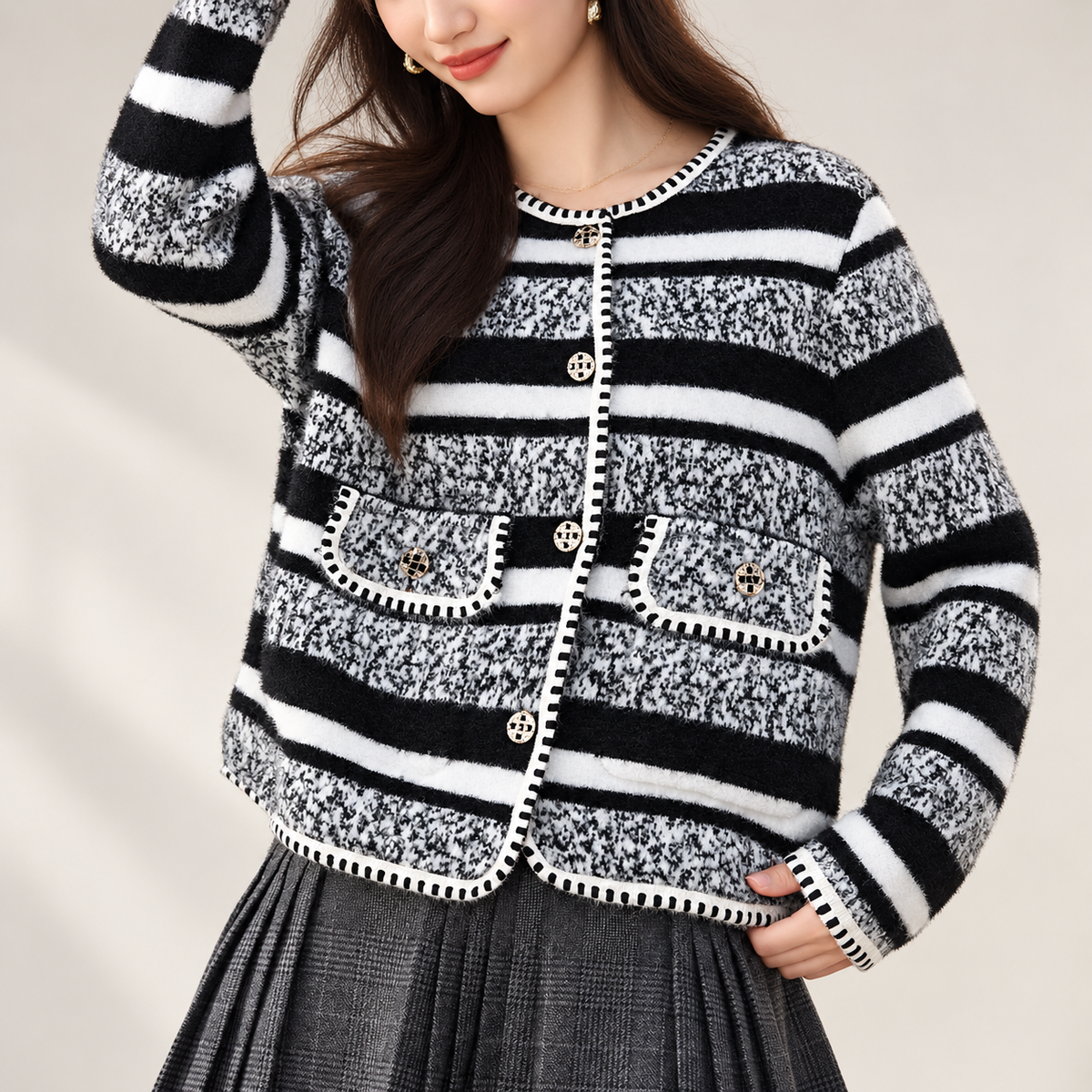 Camille Black & White Striped Knit Cardigan with Gold-Tone Buttons