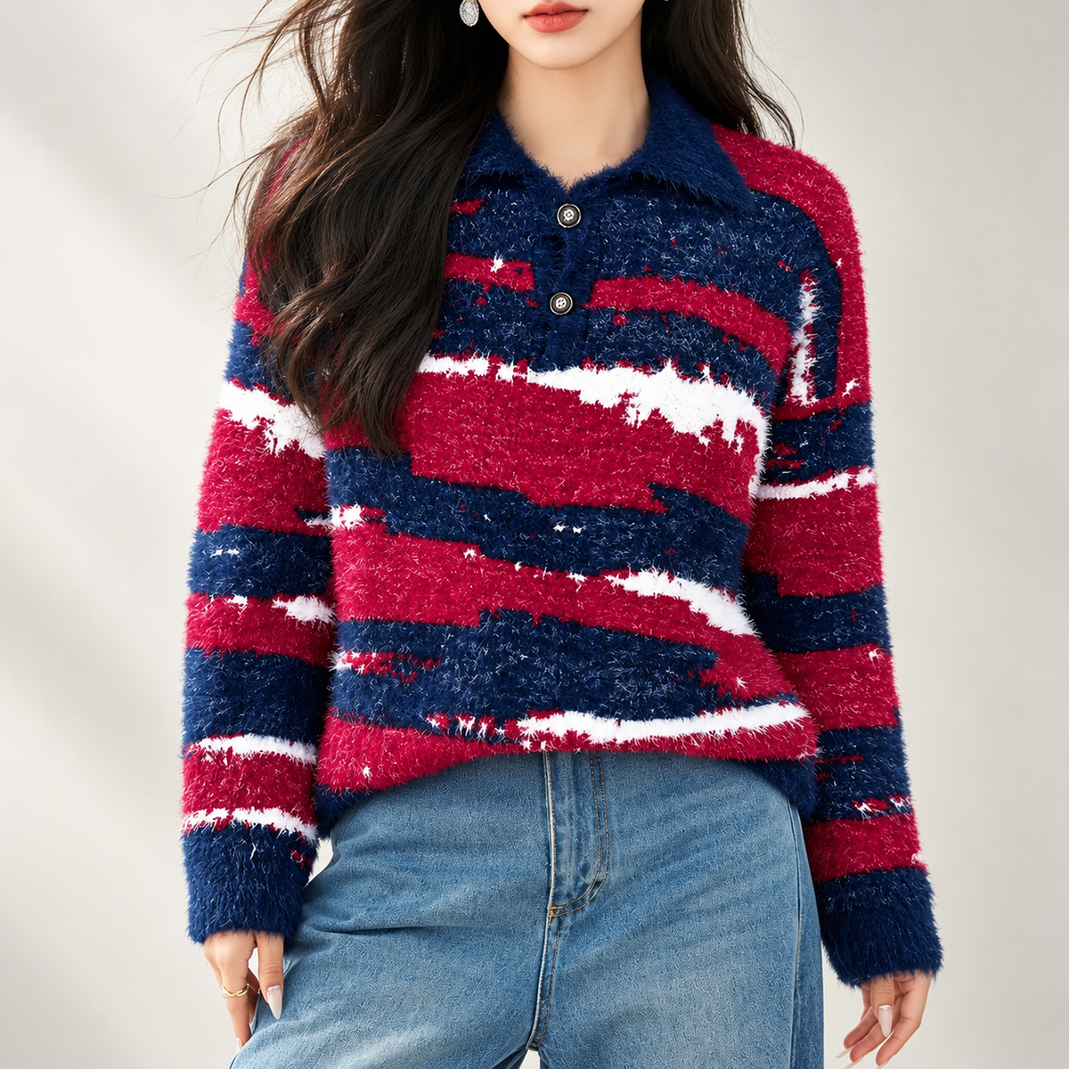 Margot Women’s Navy Red White Striped Fuzzy Collared Sweater