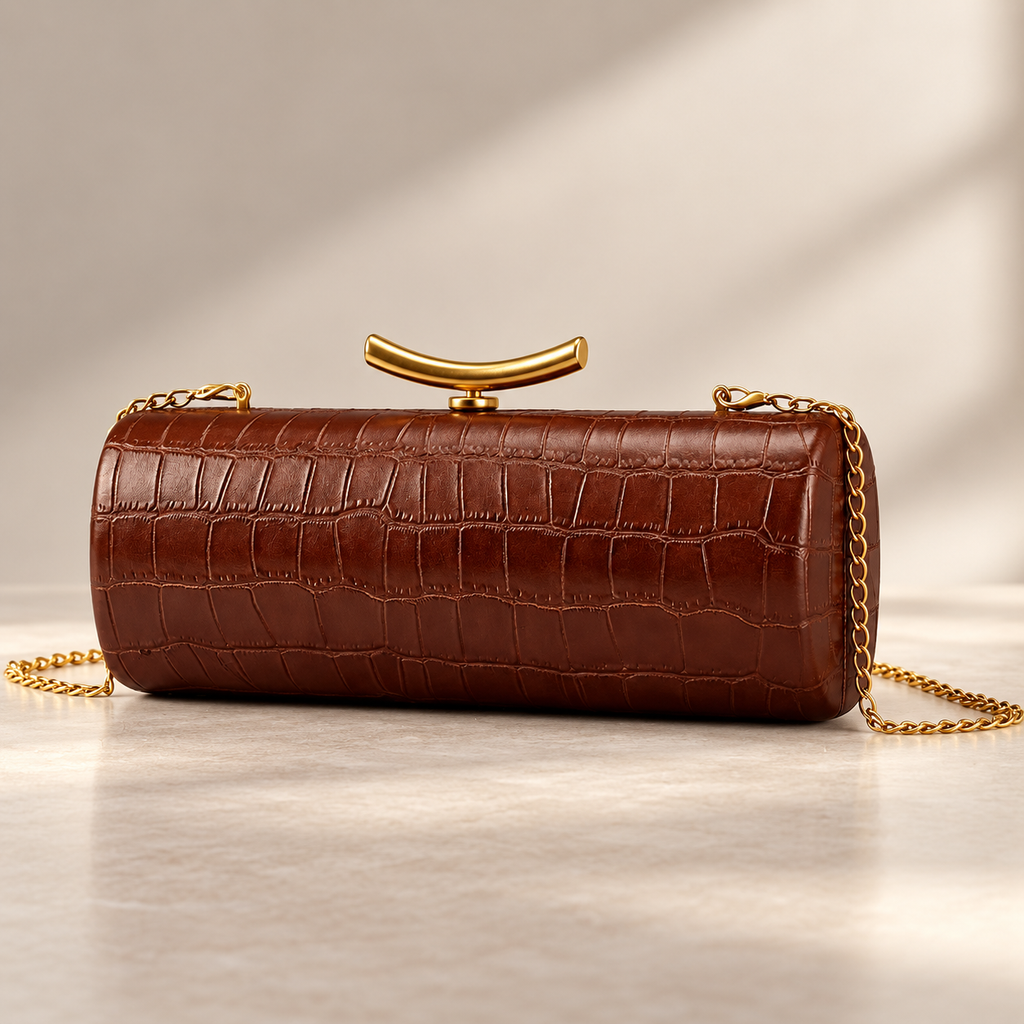 Juliette Croc-Embossed Evening Clutch with Gold Bar Clasp
