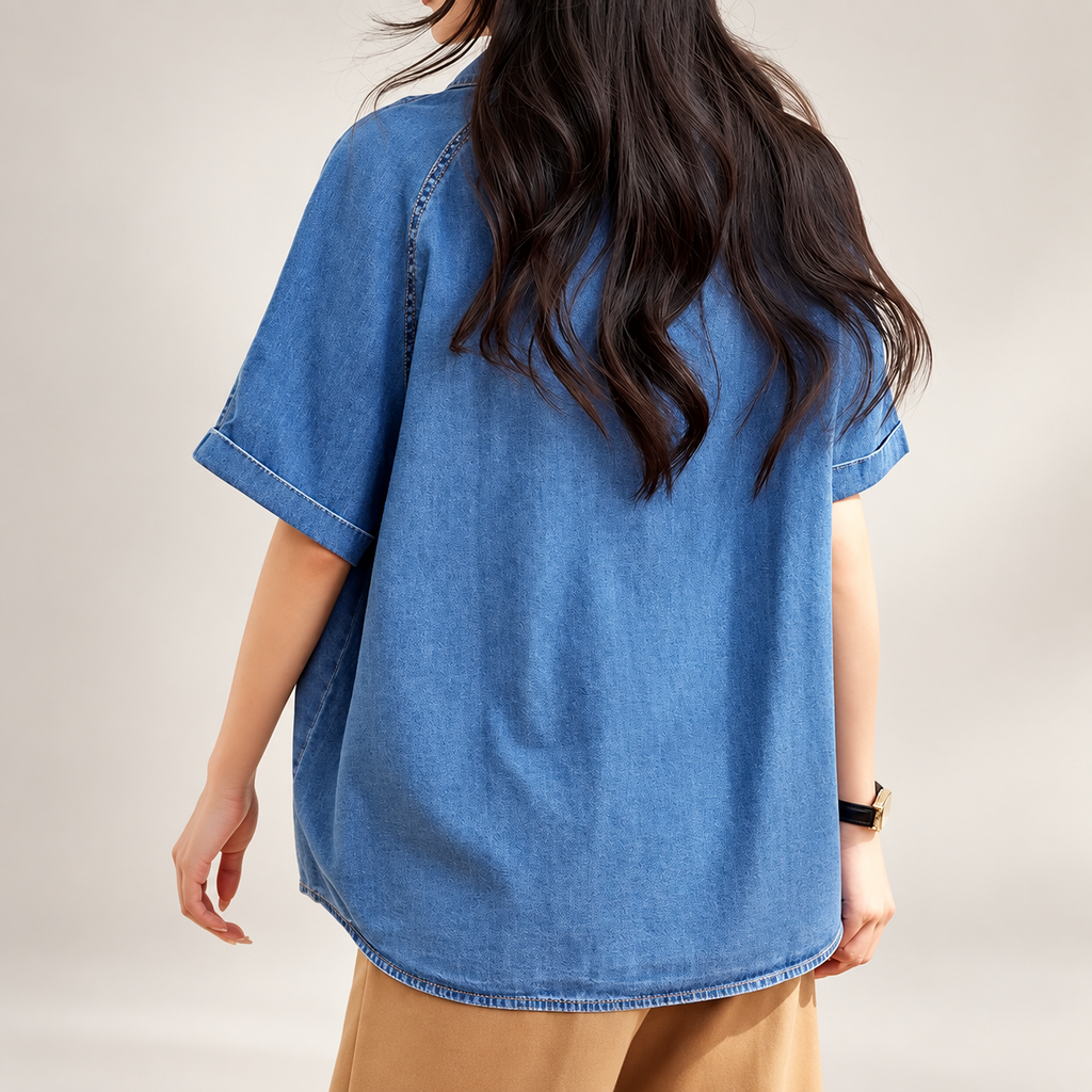 Alessia Women’s Short Sleeve Denim Button-Up Shirt – Medium Blue