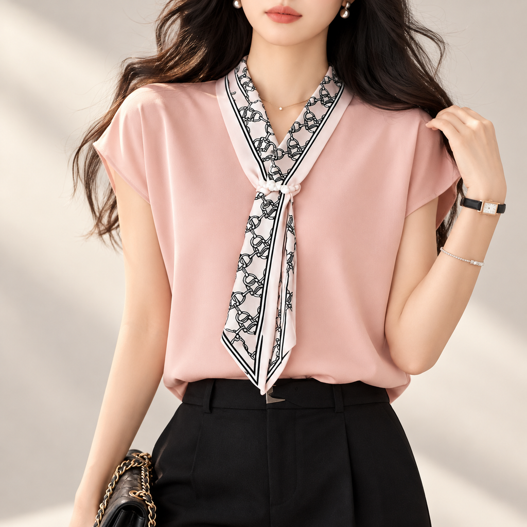Camille Women’s Scarf Neck Cap Sleeve Blouse