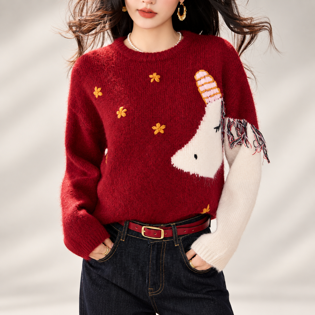 Vivienne Unicorn Intarsia Red Crew Neck Knit Sweater for Women