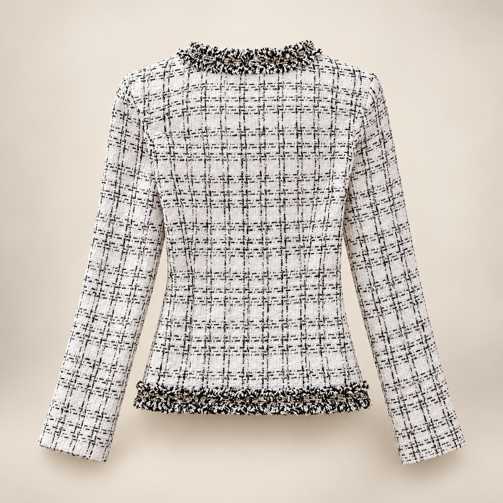 Genevieve Women’s Tweed Jacket – Collarless Fringed Trim Button-Front Blazer