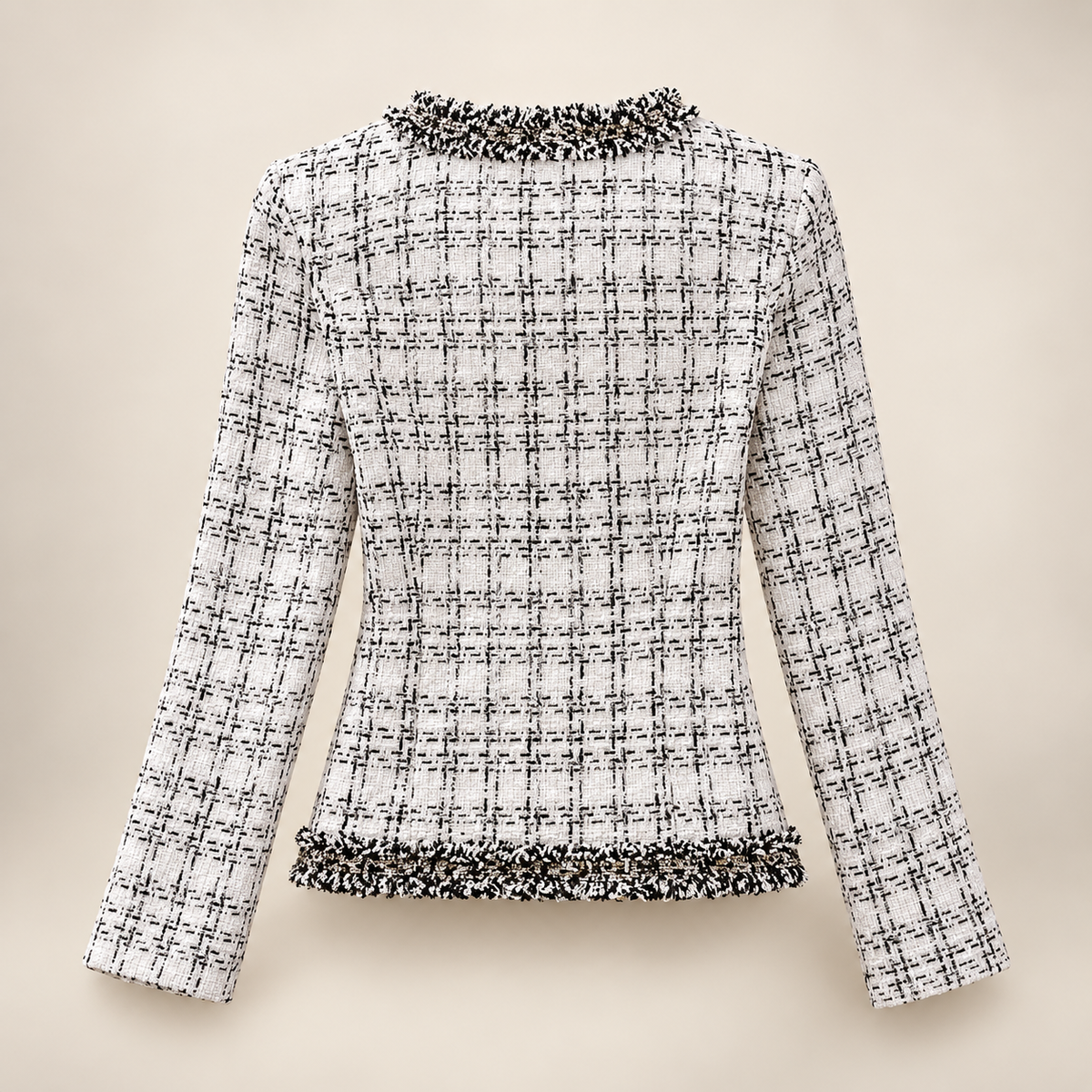 Genevieve Women’s Tweed Jacket – Collarless Fringed Trim Button-Front Blazer