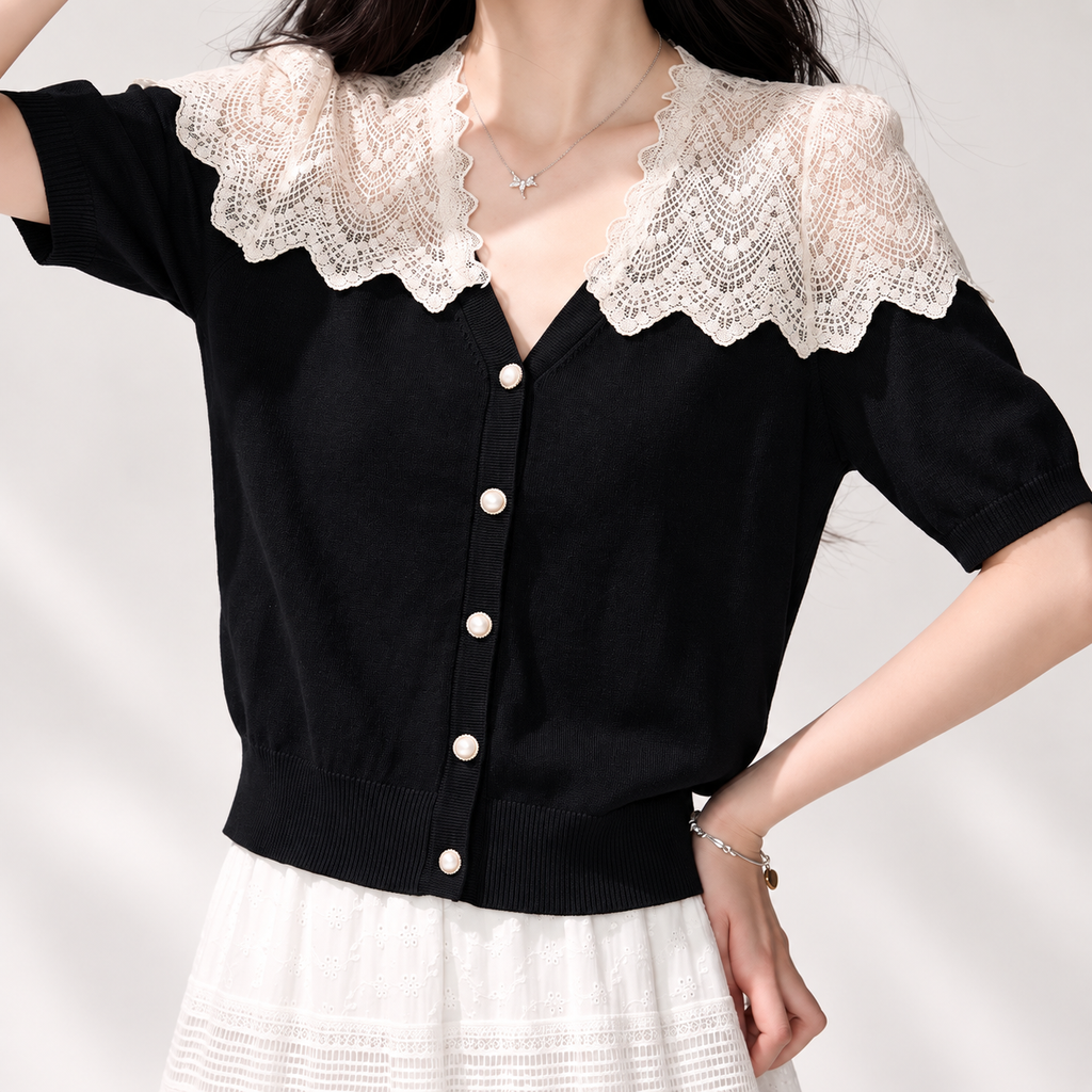Cecilia Women’s Lace Collar Pearl Button Knit Cardigan