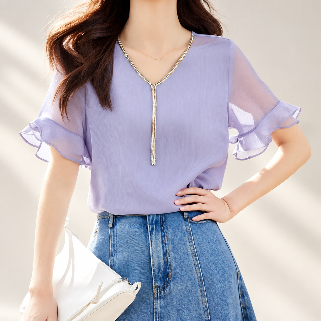 Sienna Women’s Lavender Rhinestone V-Neck Ruffle Sleeve Blouse