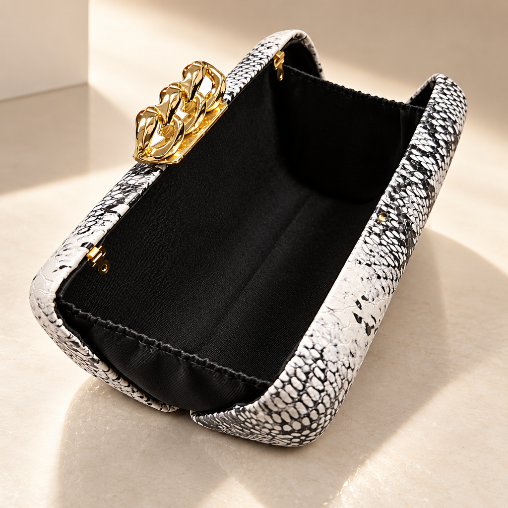 Camille Snakeskin-Print Chain Clasp Evening Clutch Bag