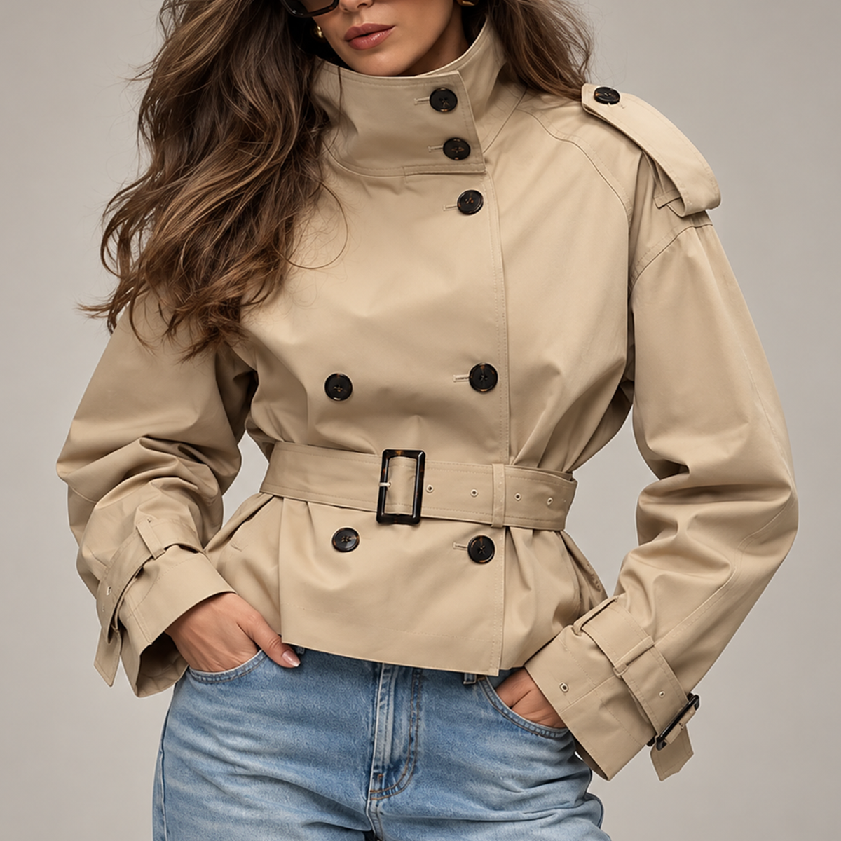 Camille Women’s Cropped Double-Breasted Trench Jacket with Belt