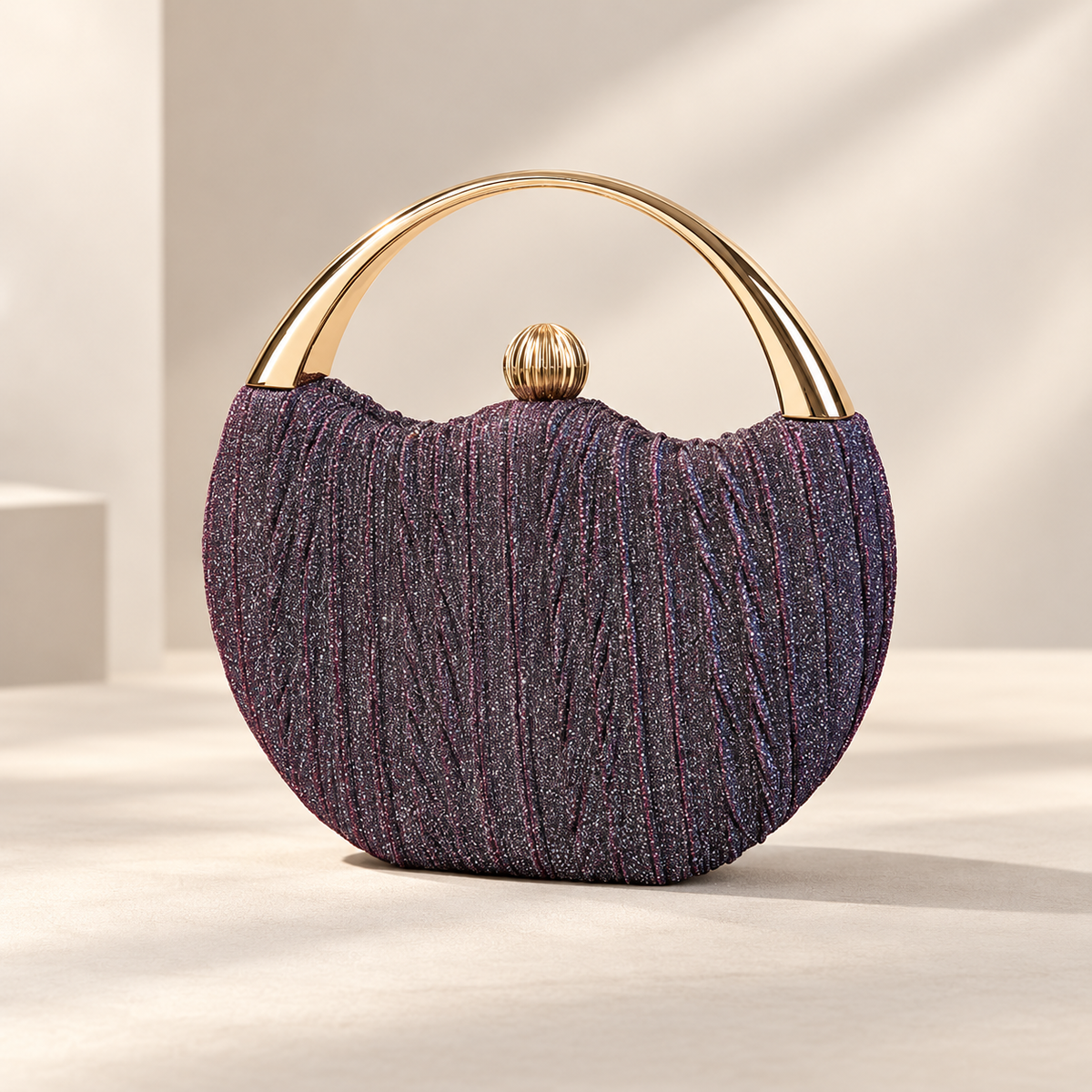 Lucienne Pleated Glitter Evening Clutch with Gold Handle