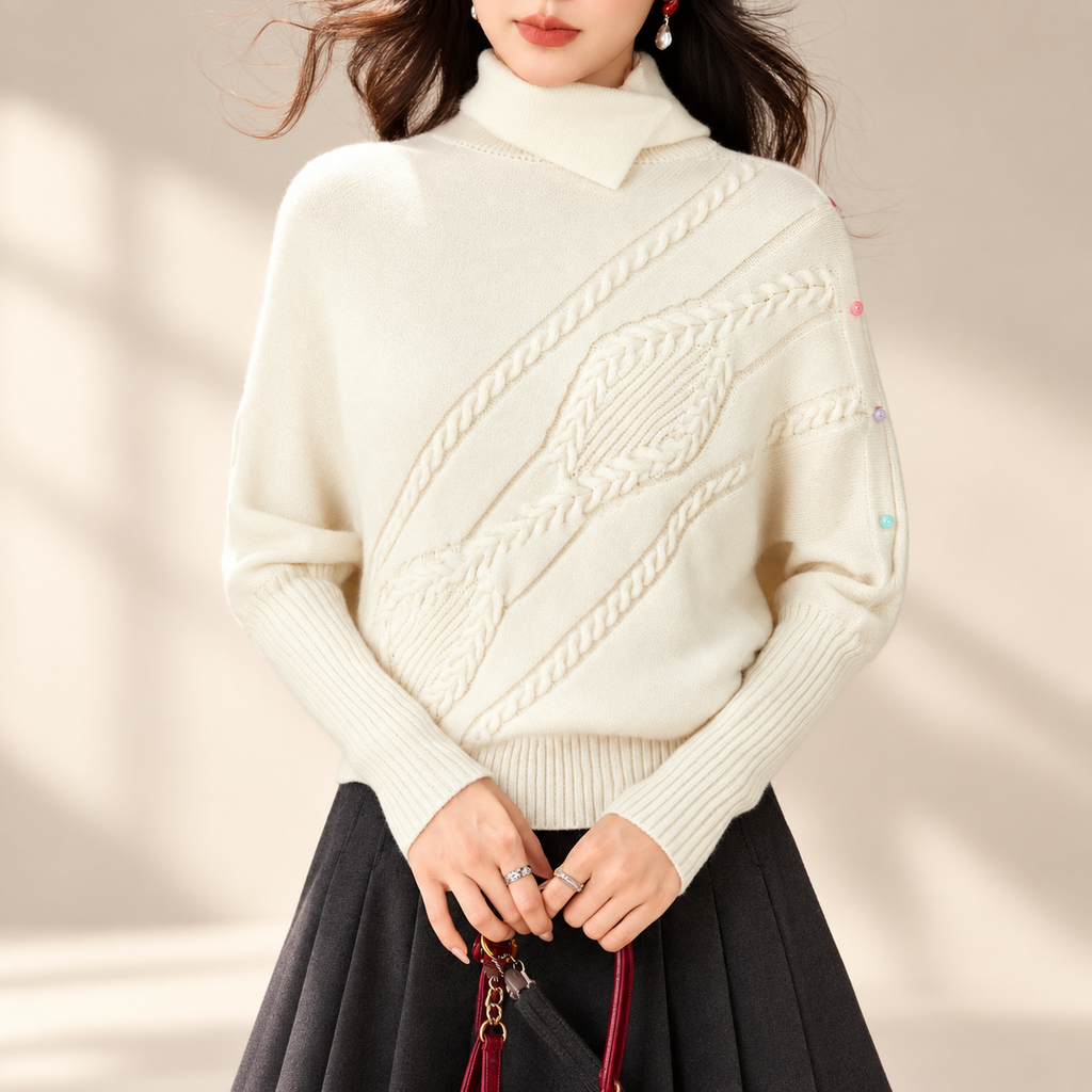 Elodie Women’s Ivory Asymmetric Cable-Knit Turtleneck Sweater