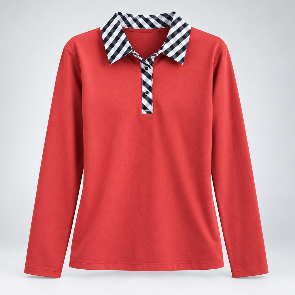 Camille Women’s Long Sleeve Polo Top with Checkered Collar