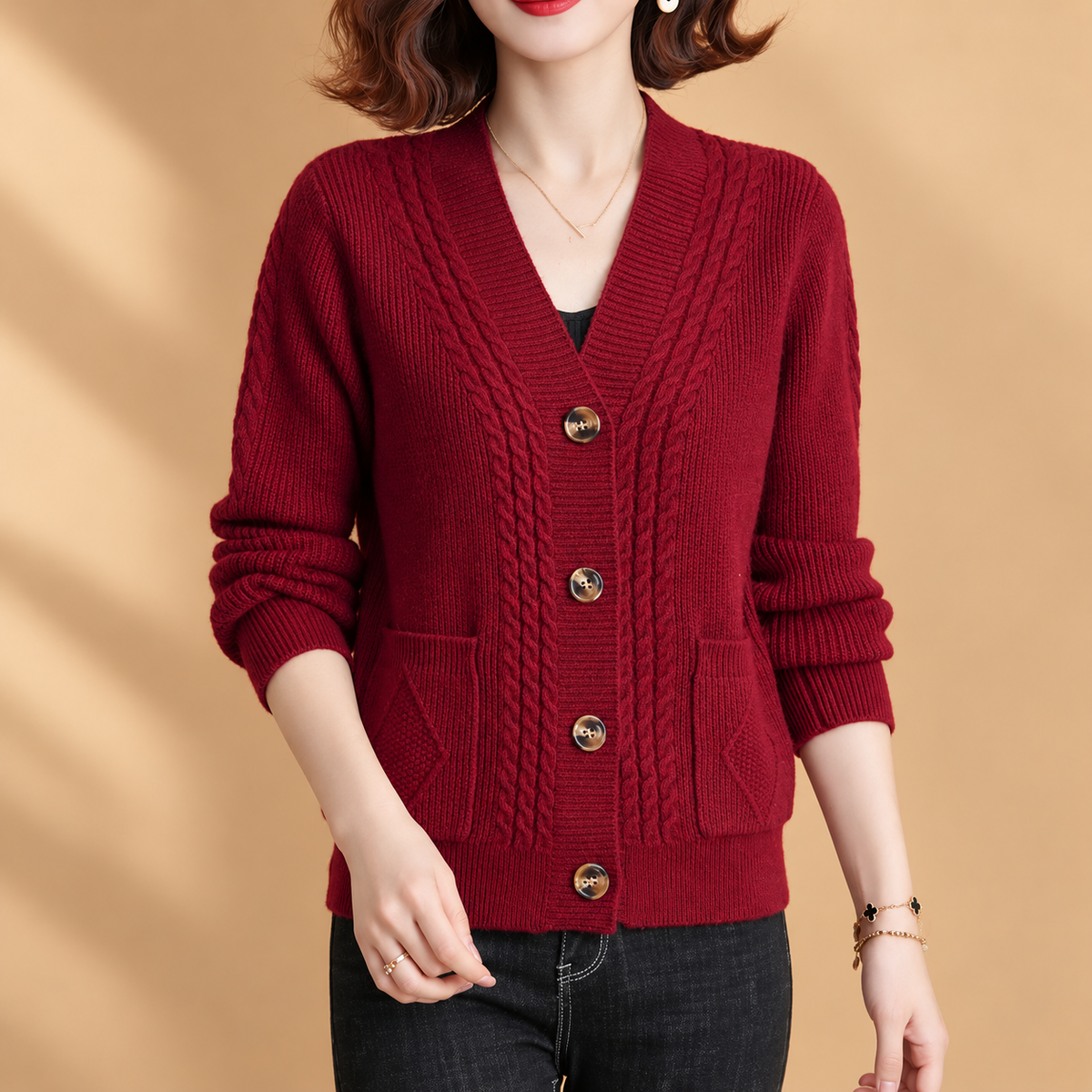 Rosalie Cable Knit V-Neck Cardigan for Women