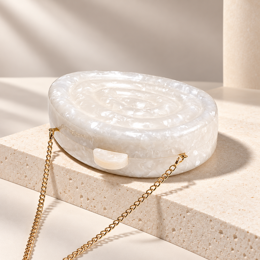 Camille Pearlescent Spiral Acrylic Clutch Bag with Chain Strap