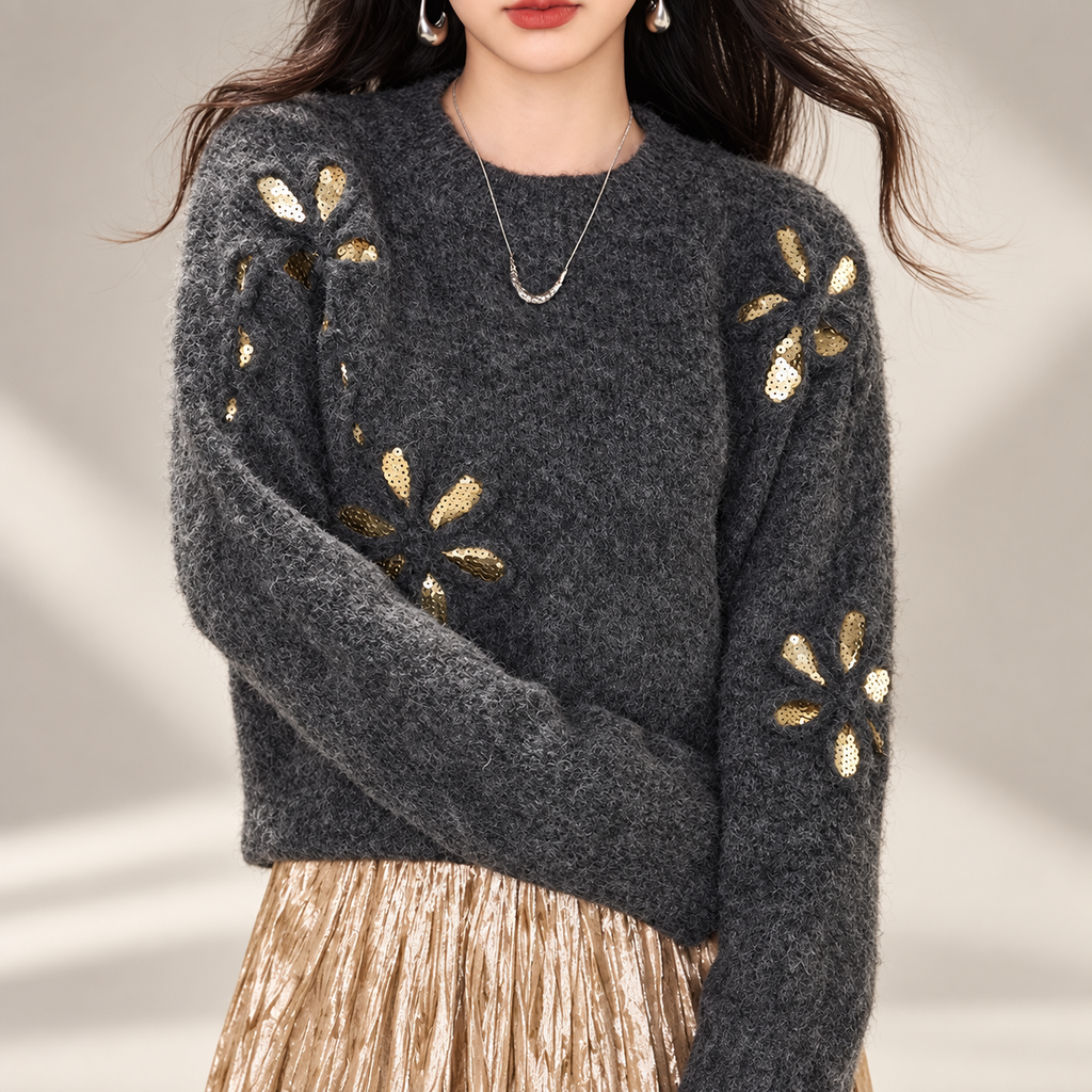 Bianca Women’s Charcoal Gold Sequin Floral Knit Sweater