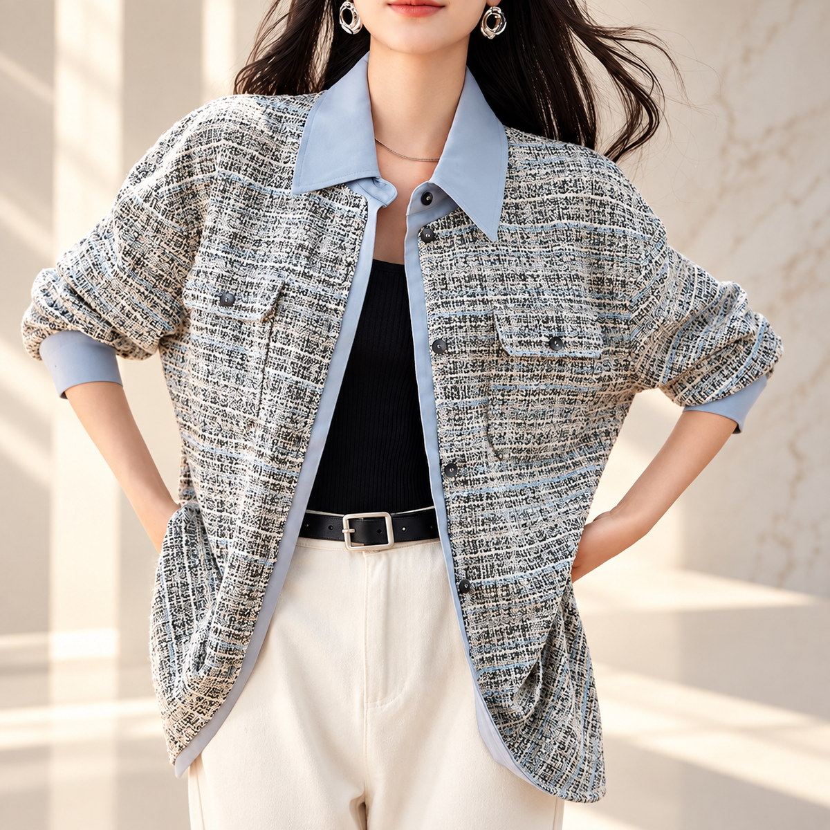 Camille Women’s Blue Tweed Contrast-Collar Long Shirt