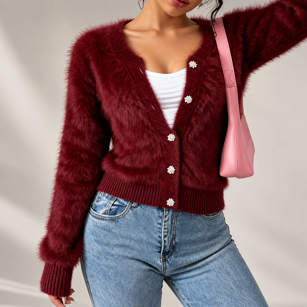 Sienna Women’s Burgundy Fuzzy Knit Cardigan