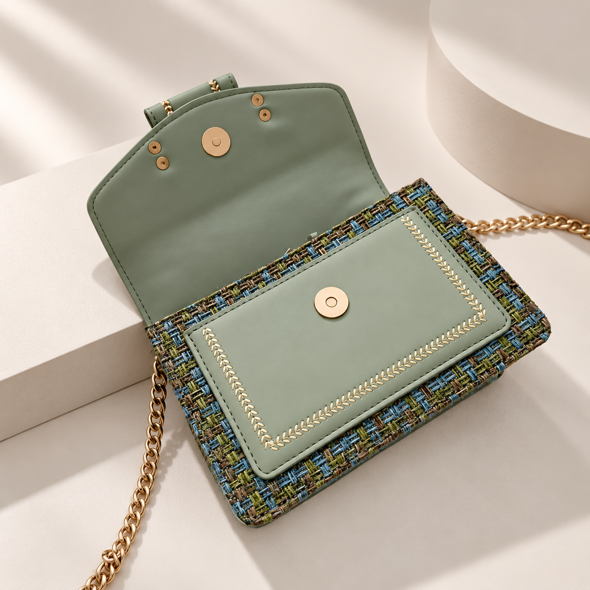 Elodie Tweed Crossbody Bag with Gold Oval Buckle