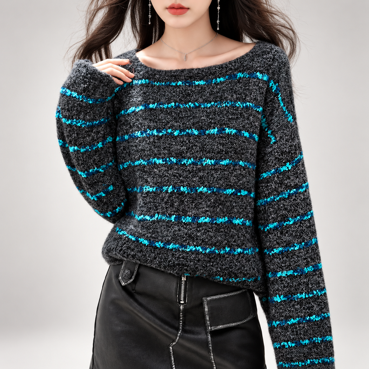 Elodie Textured Striped Boat Neck Knit Sweater