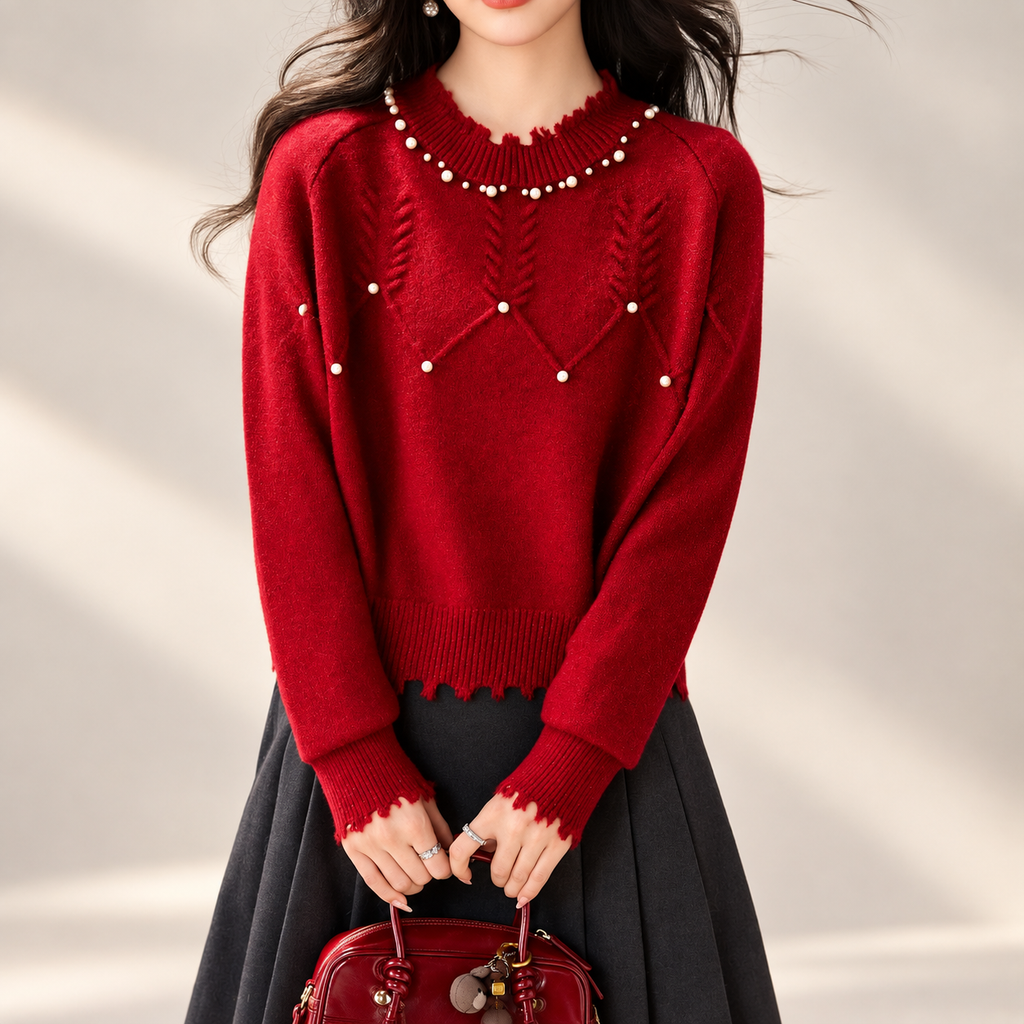 Colette Pearl-Trim Distressed Hem Red Knit Sweater for Women