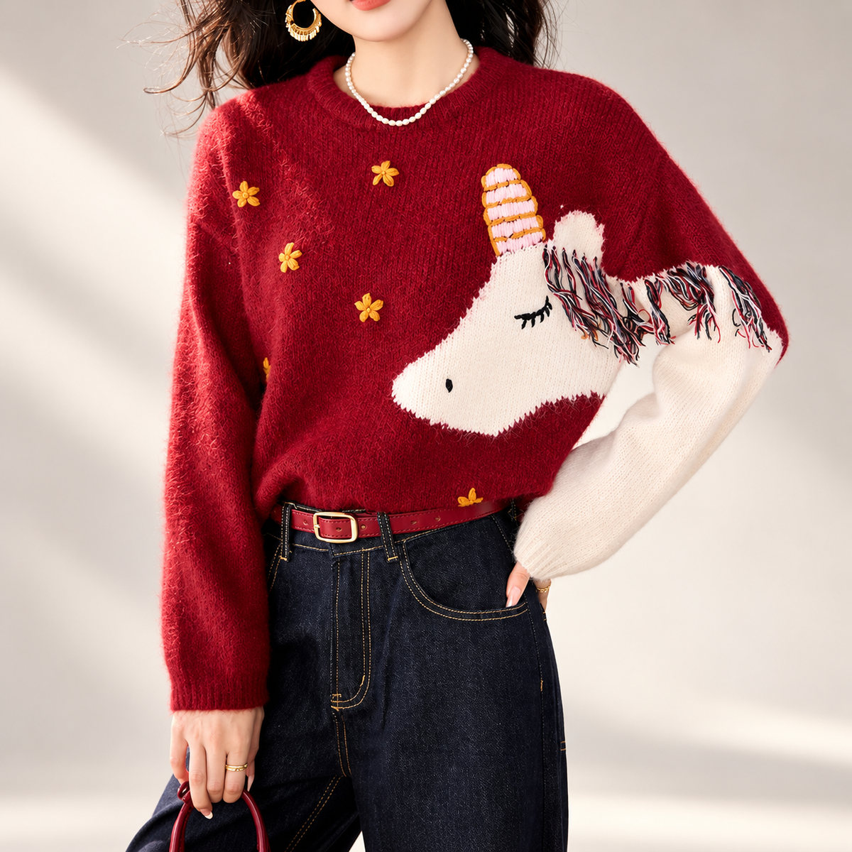 Vivienne Unicorn Intarsia Red Crew Neck Knit Sweater for Women
