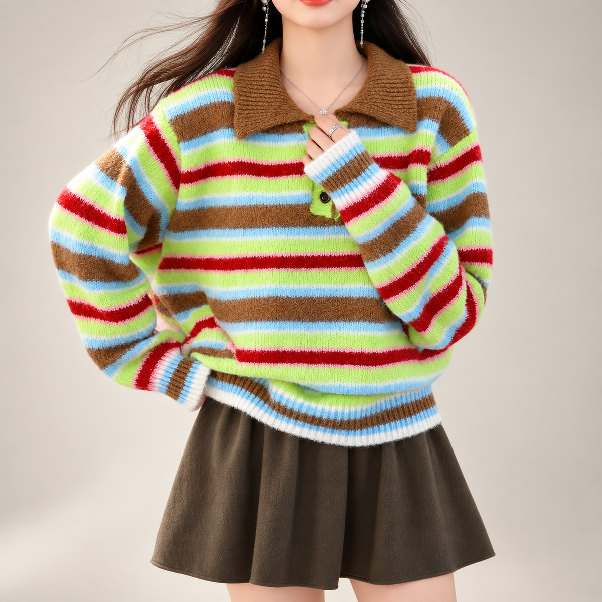 Amelia Women’s Multicolor Striped Collared Knit Sweater