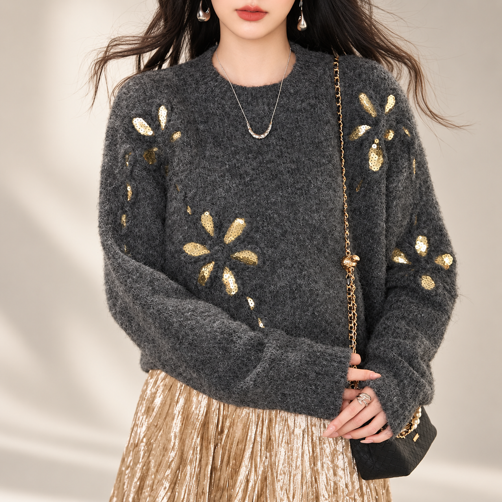 Bianca Women’s Charcoal Gold Sequin Floral Knit Sweater