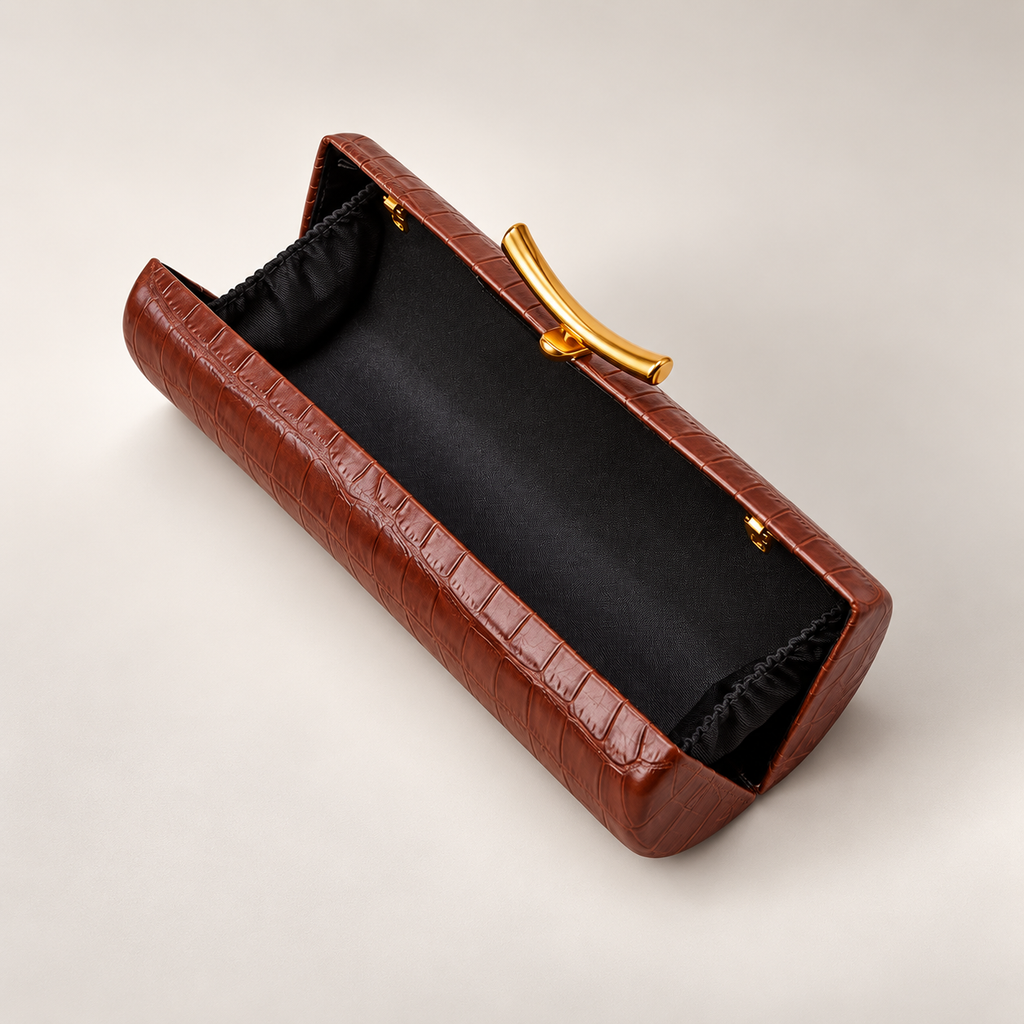 Juliette Croc-Embossed Evening Clutch with Gold Bar Clasp