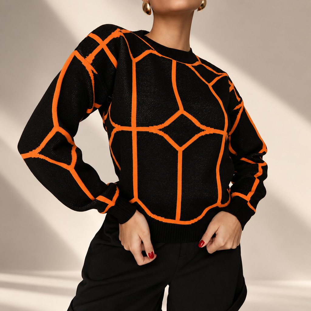 Bianca Women’s Geometric Knit Sweater – Crew Neck Long Sleeve Pullover