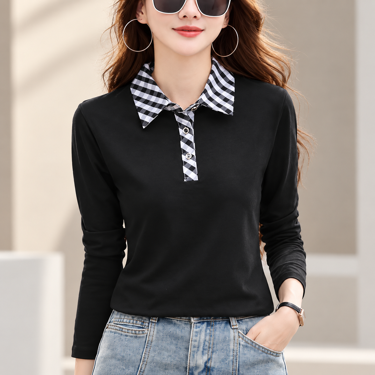 Camille Women’s Long Sleeve Polo Top with Checkered Collar
