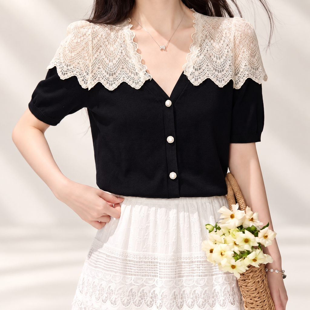 Cecilia Women’s Lace Collar Pearl Button Knit Cardigan