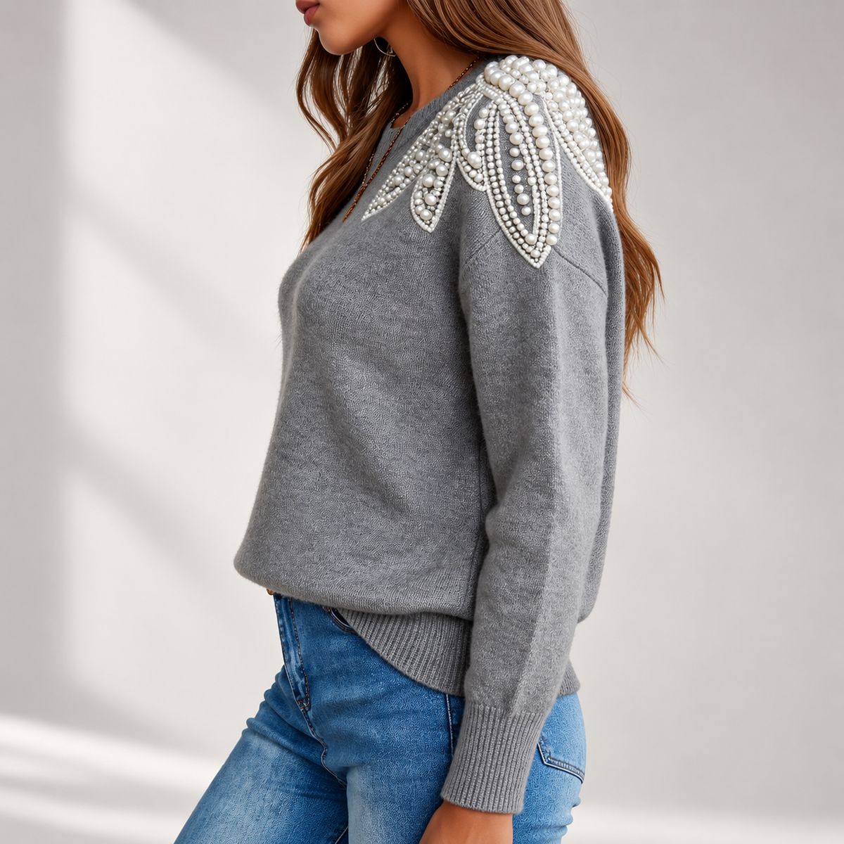 Camille Pearl-Embellished Shoulder Knit Sweater