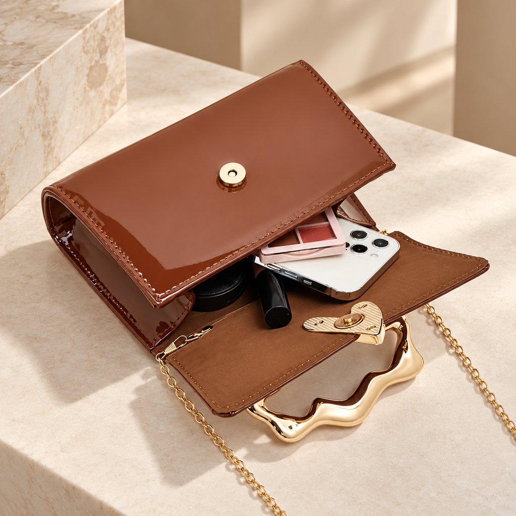 Aurélie Sculptural Handle Glossy Top Handle Handbag with Gold-Tone Hardware