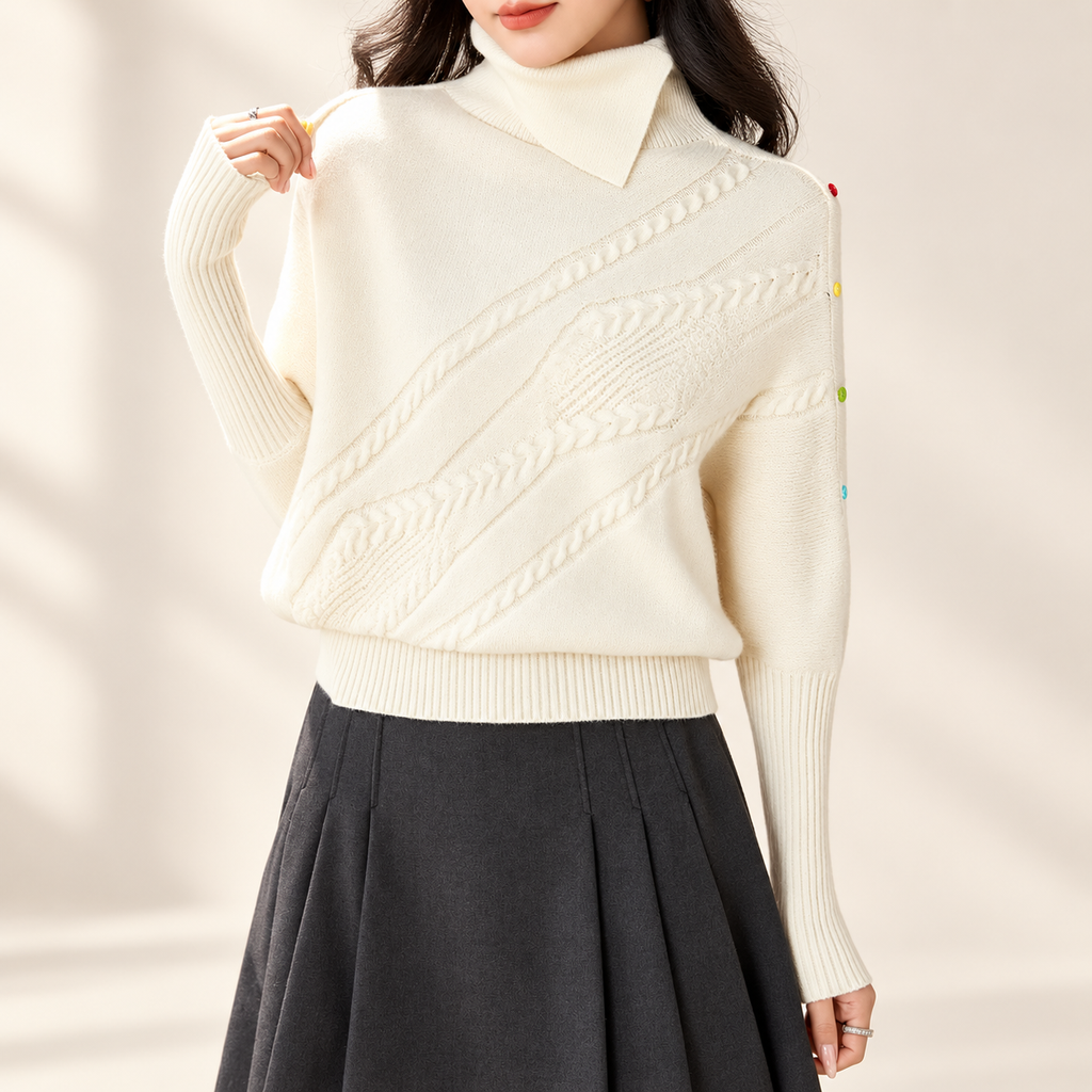 Elodie Women’s Ivory Asymmetric Cable-Knit Turtleneck Sweater