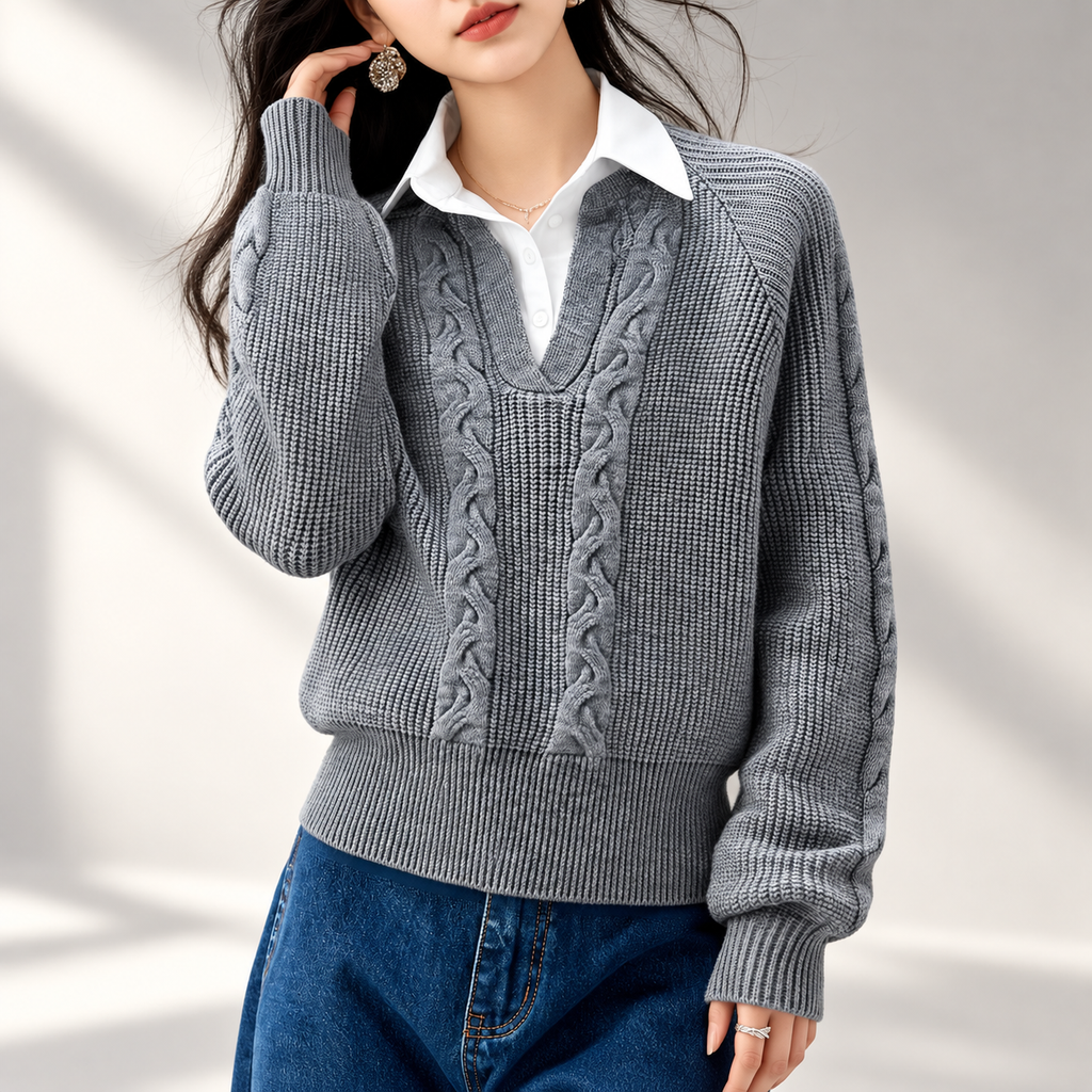 Camille Women’s Gray Cable-Knit Layered Collar Sweater