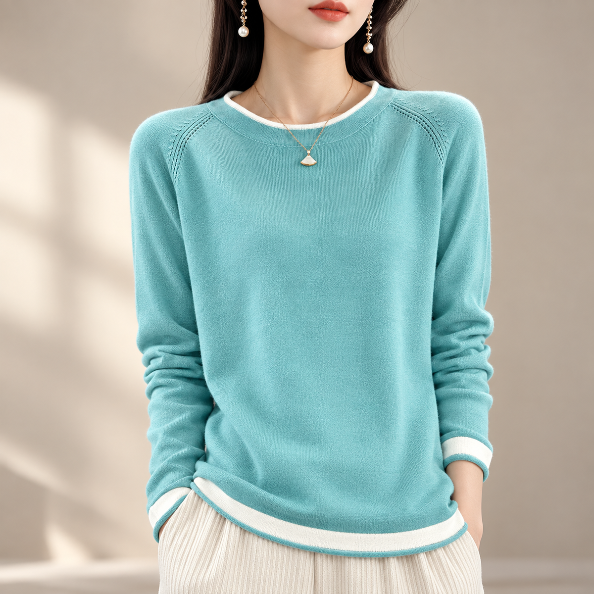 Adeline Contrast-Trim Women’s Crewneck Sweater