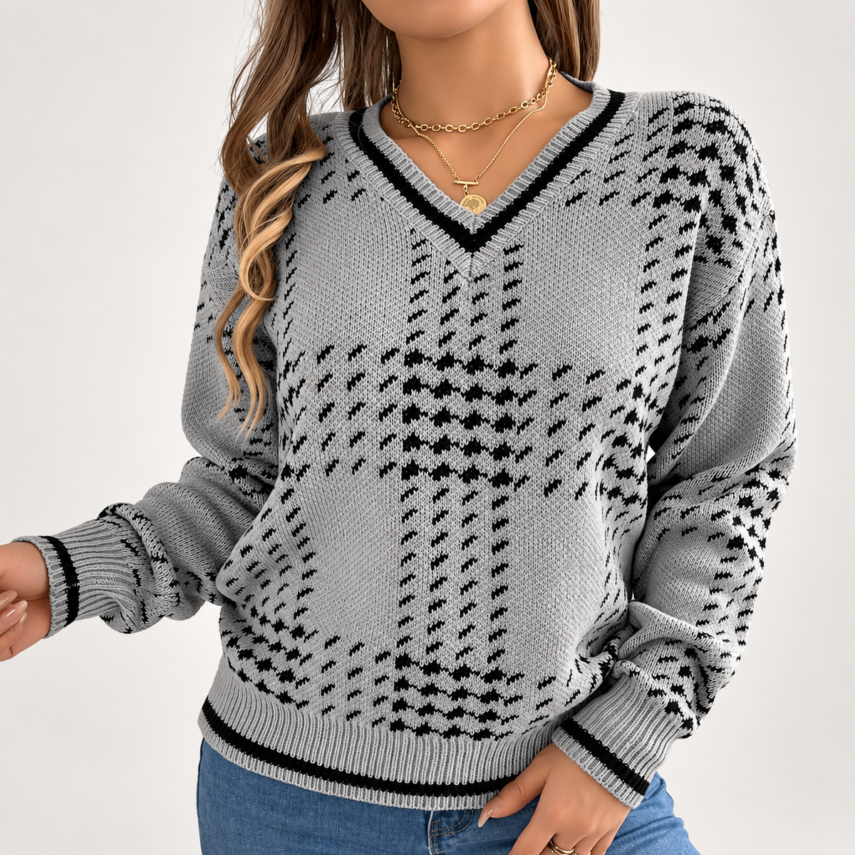 Beatrice Women’s Plaid V-Neck Knit Sweater