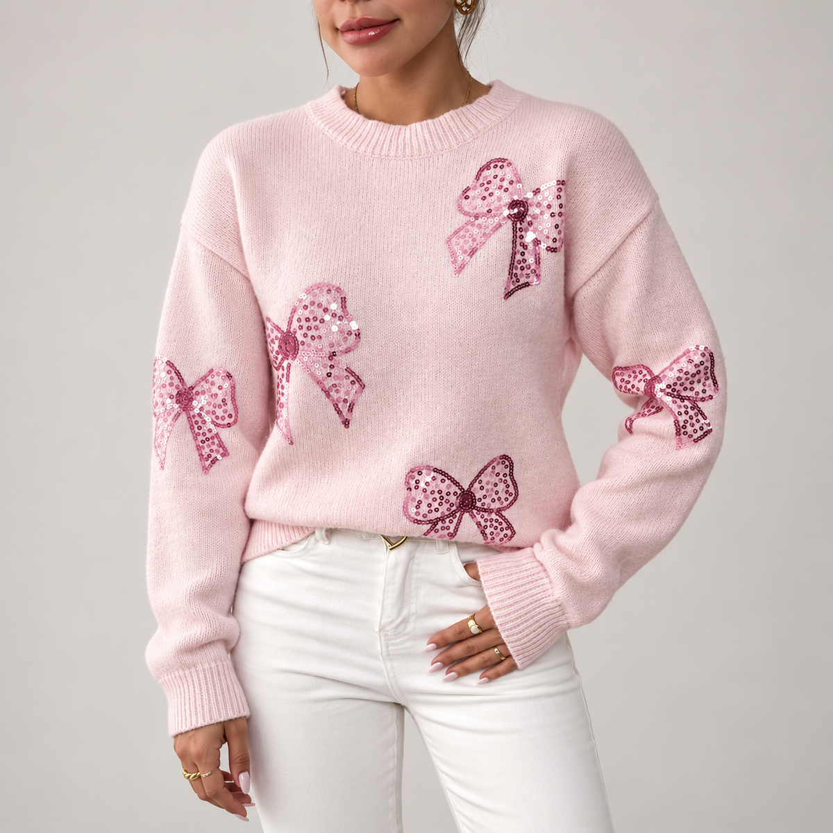 Sienna Sequin Bow Knit Sweater – Women’s Crewneck Pullover