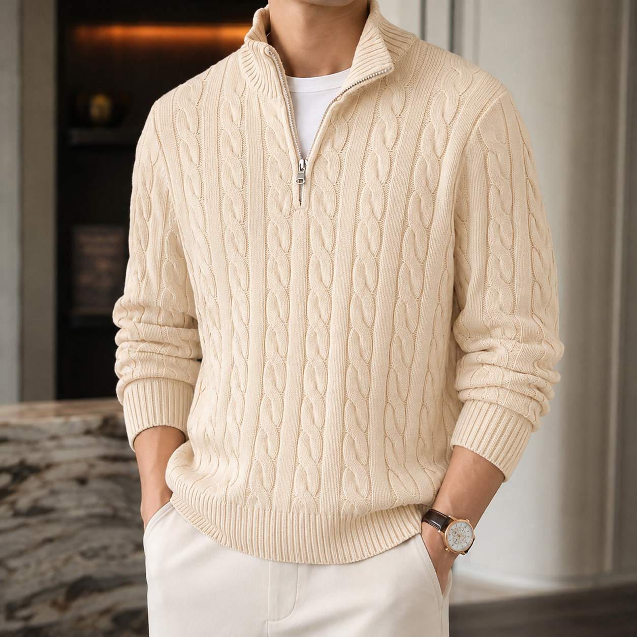 Leandro Men’s Cable Knit Half-Zip Sweater