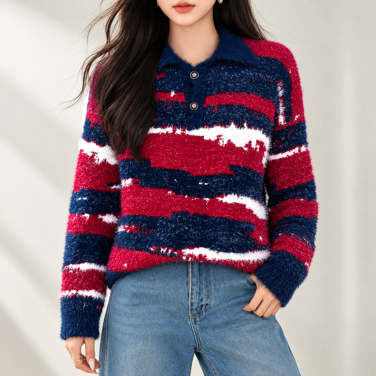 Margot Women’s Navy Red White Striped Fuzzy Collared Sweater