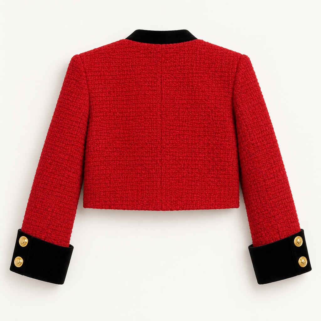 Alessia Women’s Textured Cropped Jacket – Contrast Trim Gold-Tone Button Cardigan Blazer