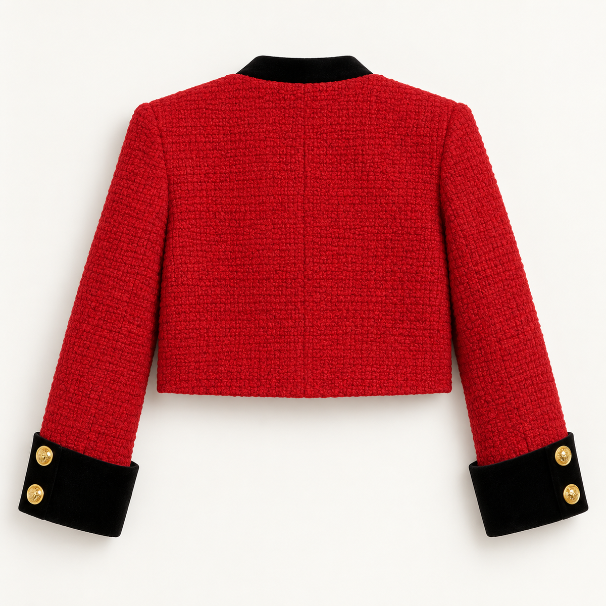 Alessia Women’s Textured Cropped Jacket – Contrast Trim Gold-Tone Button Cardigan Blazer